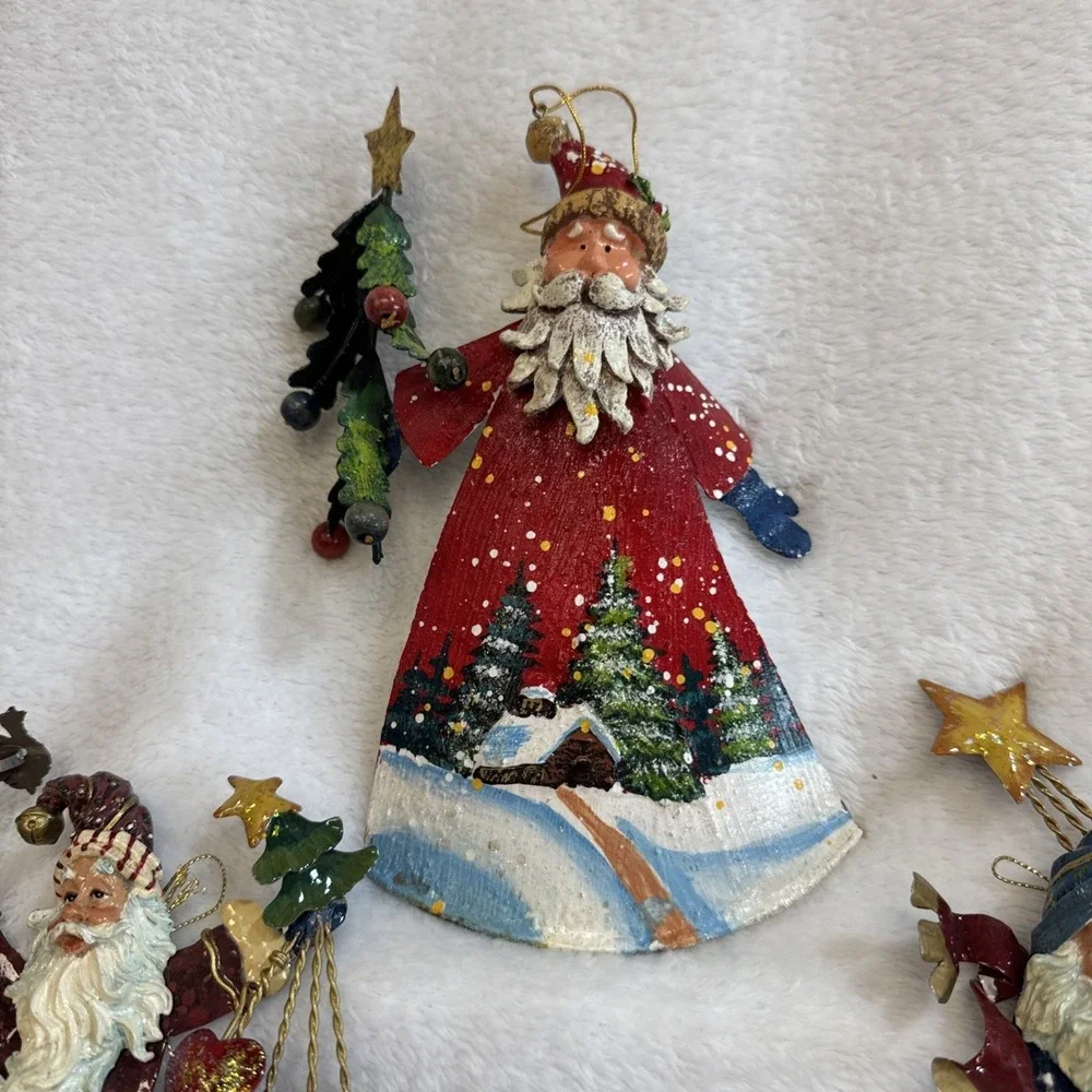 Set of 3 Vintage Style Santa Claus Christmas Ornaments Peace Noel Metal Folk Art